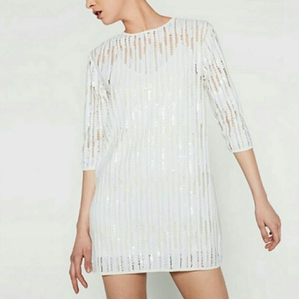 Zara White Sequin 3/4 Sleeve Formal Dress with Slip